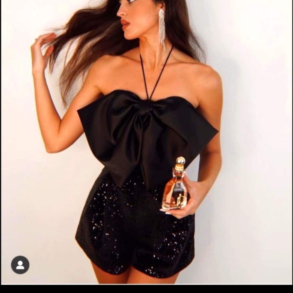 Gorgeous Zara Black Bow Trim Sequin Jumpsuit